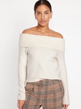 Old Navy SoSoft Off-the-Shoulder Cream Foldover Ribbed Neck Sweater